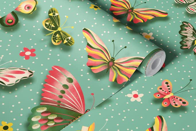 beautiful butterflies on turquoisewallpaper roll