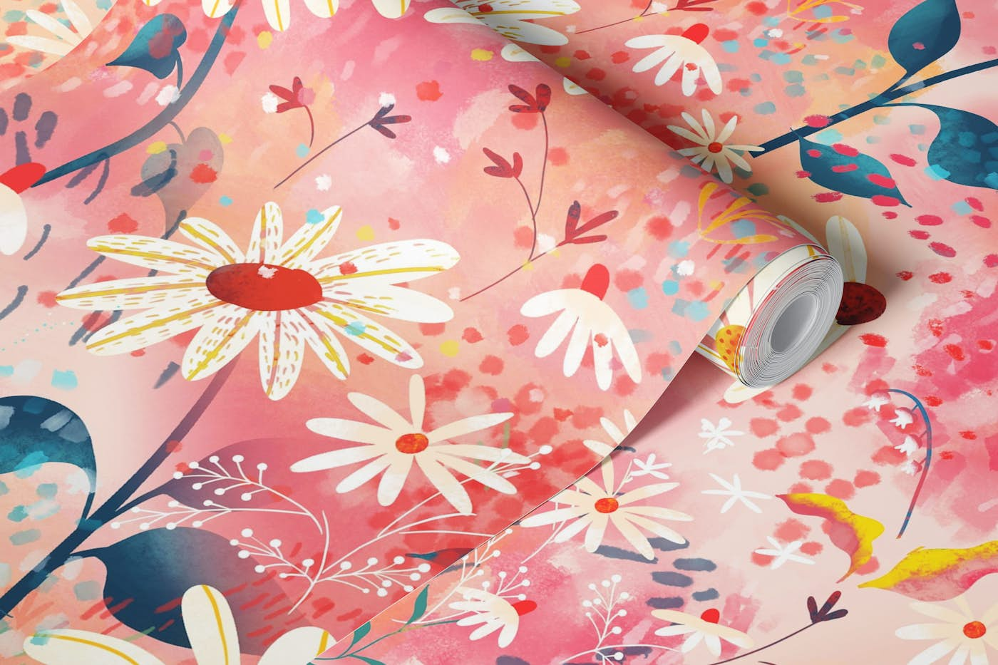 blue stemmed daisys in pink meadow wallpaper roll