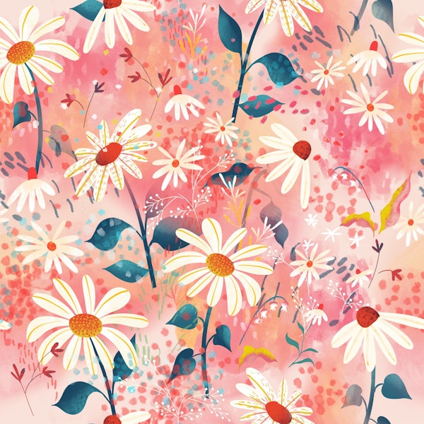 blue stemmed daisys in pink meadow