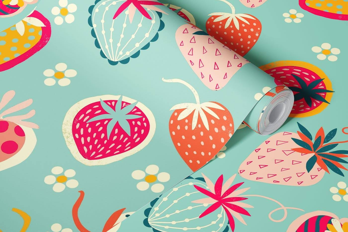 happy tossed strawberries on light blue wallpaper roll