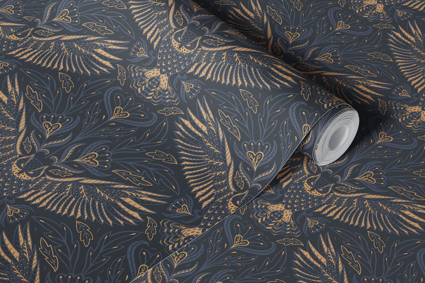 owl midnight gold - dark academia damask wallpaper roll