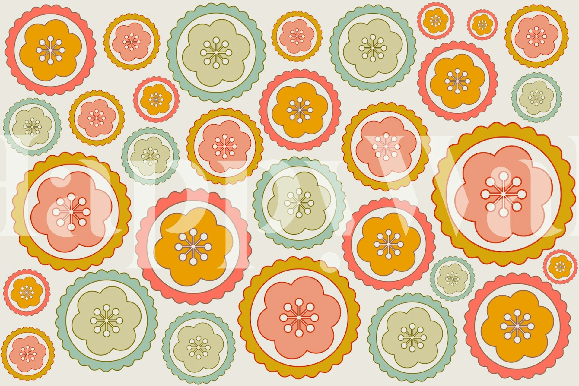Colorful daisy pattern in vintage style with flowers in peach, green, and yellow. Floral wallpaper.