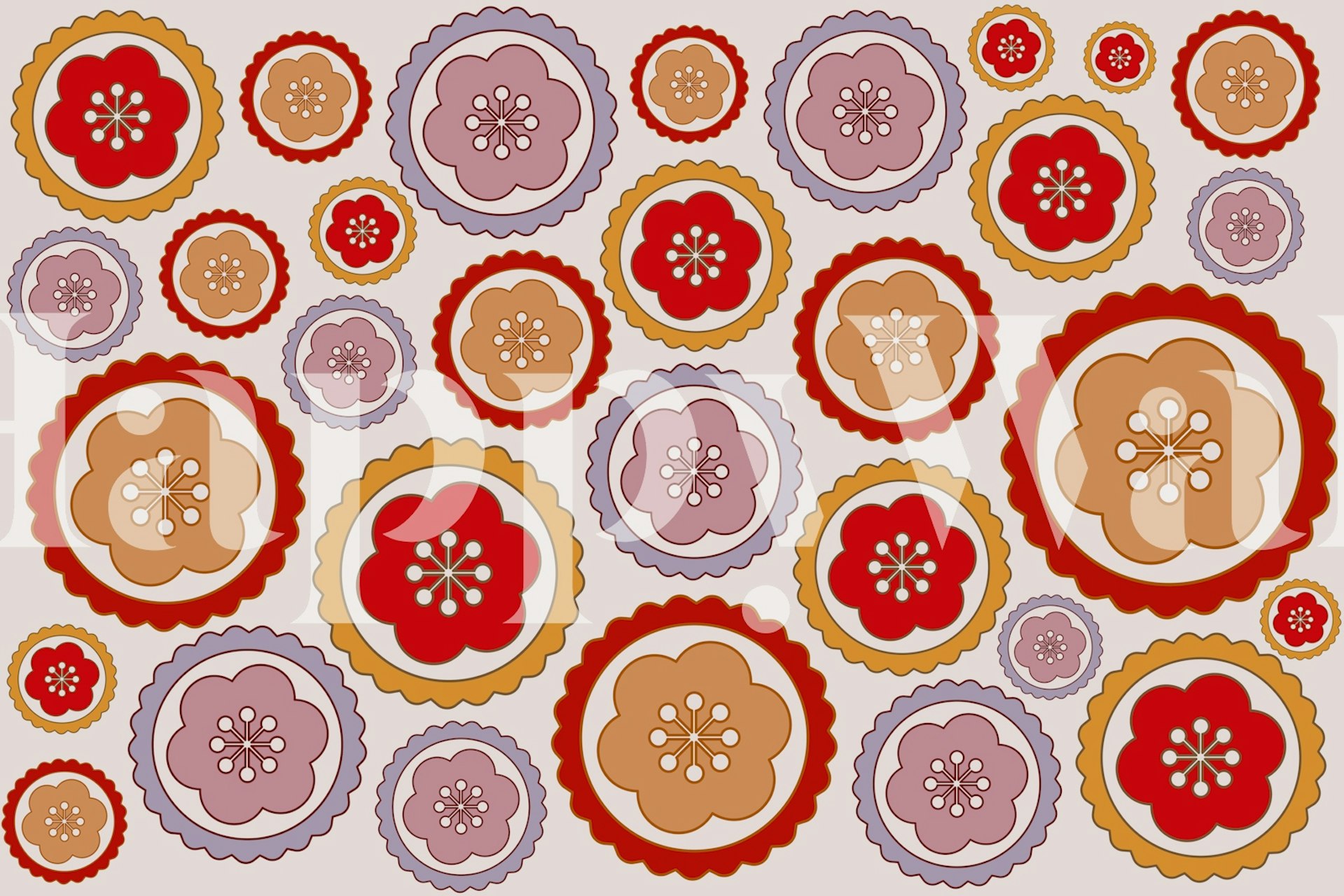 Colorful floral patterns in red, pink, and orange on light background wallpaper