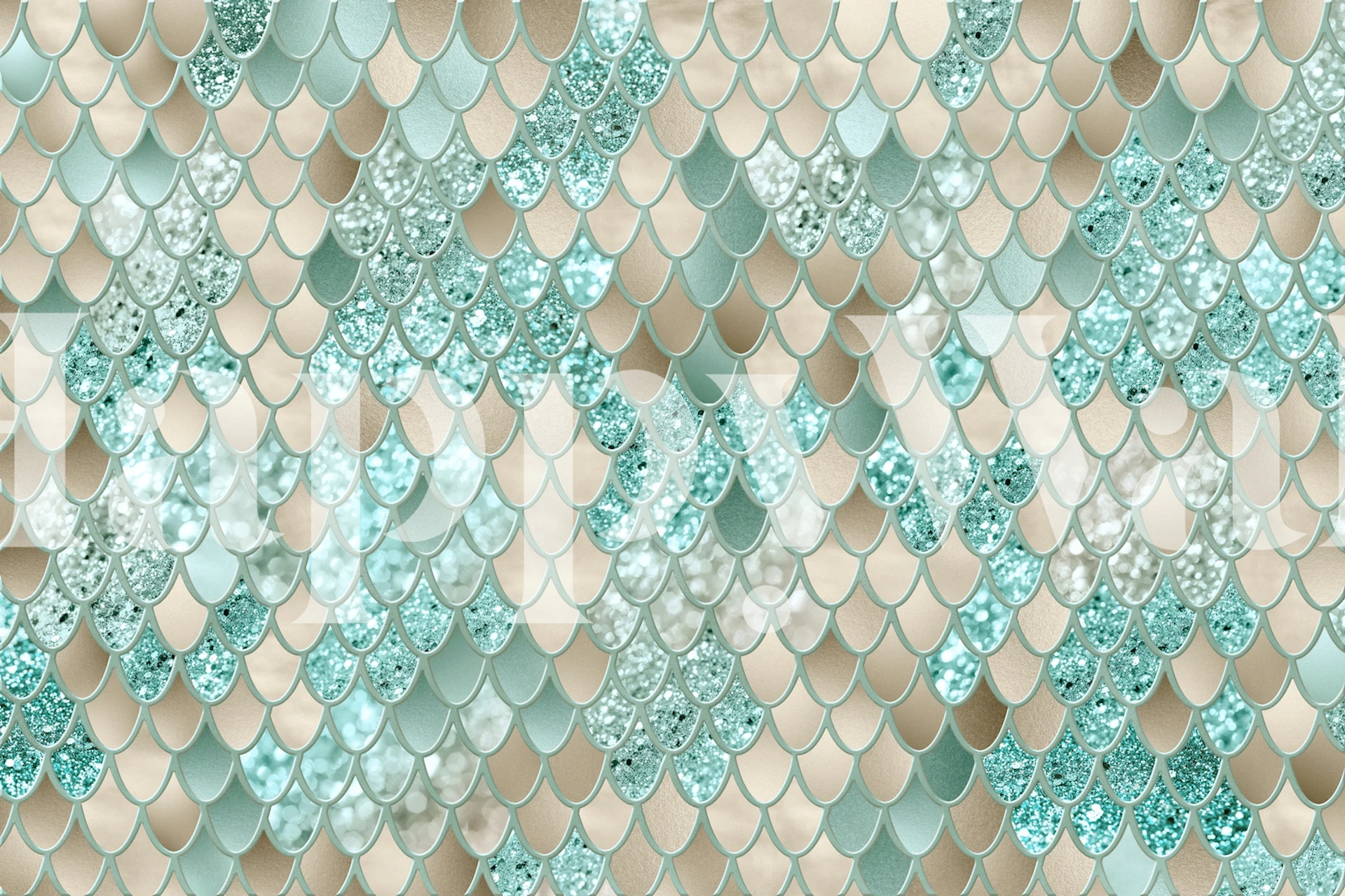 Mermaid scales pattern in gold and mint colors wallpaper