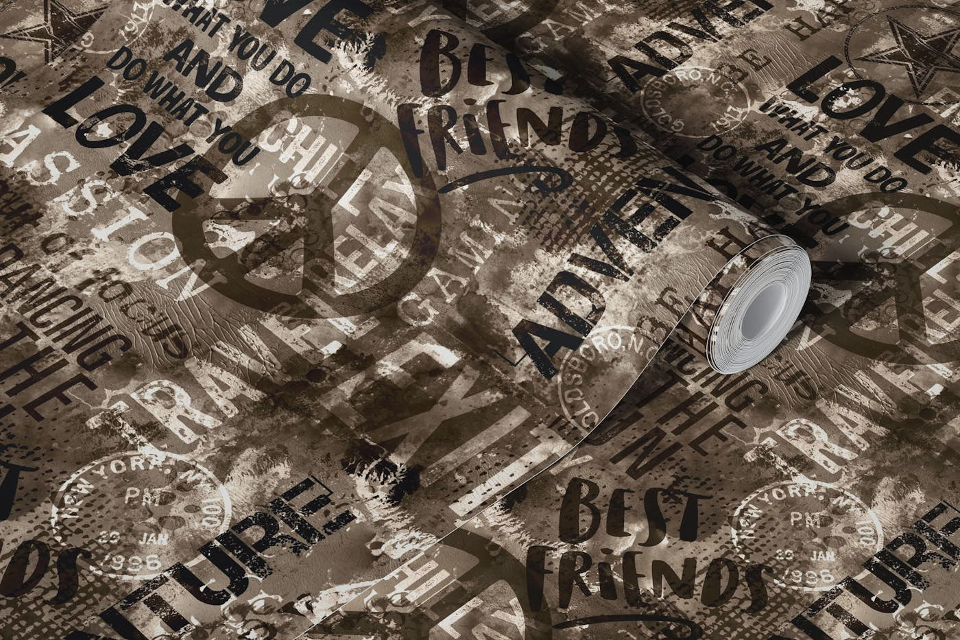 Urban Loft Revival Grunge Typography Brown wallpaper roll