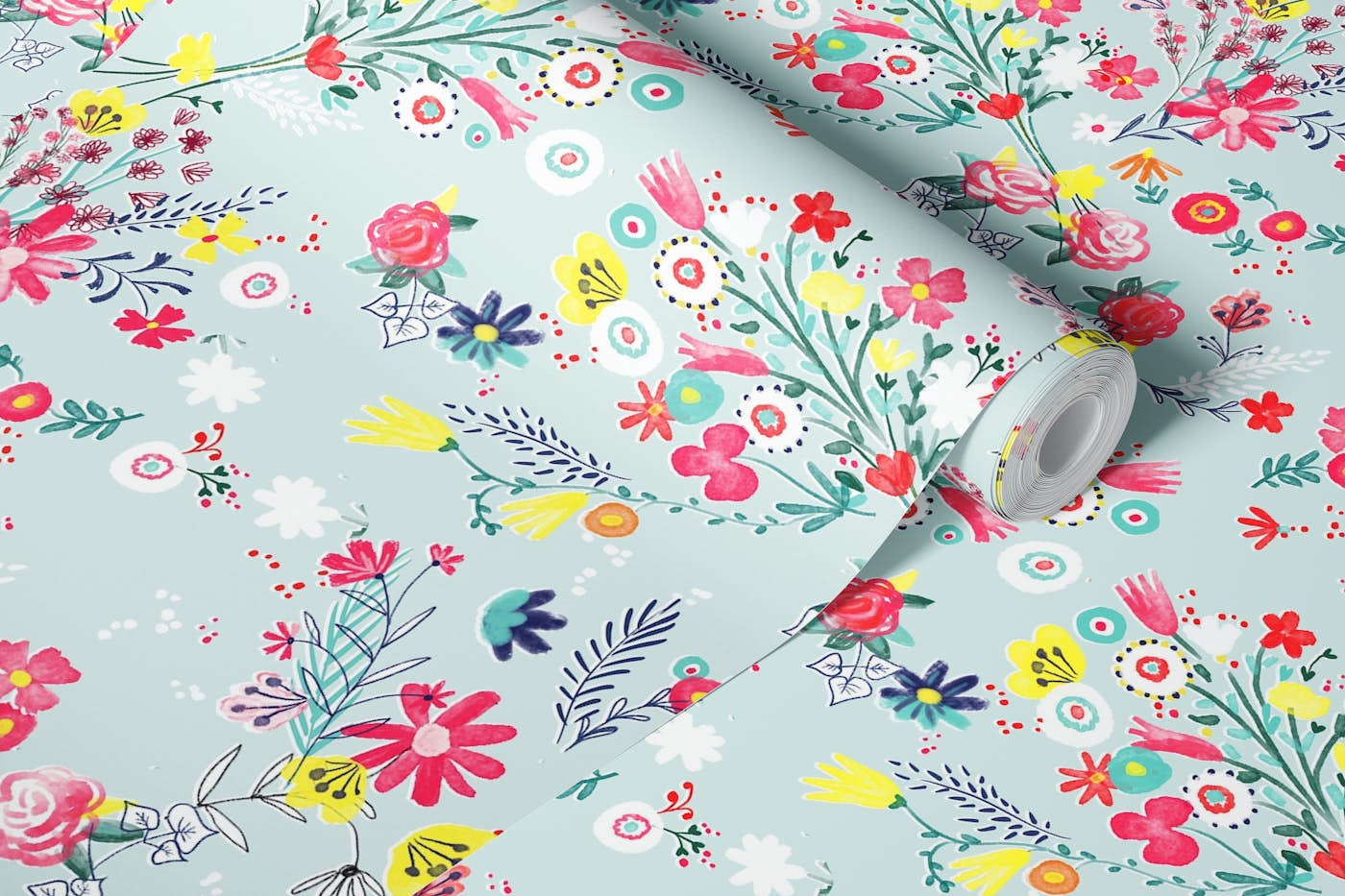 small floral bouquets on light blue wallpaper roll