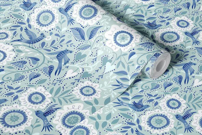 blue birds and white flowers on mintwallpaper roll