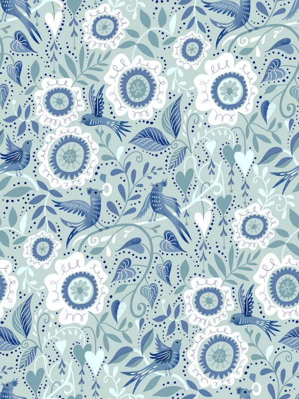 blue birds and white flowers on mint