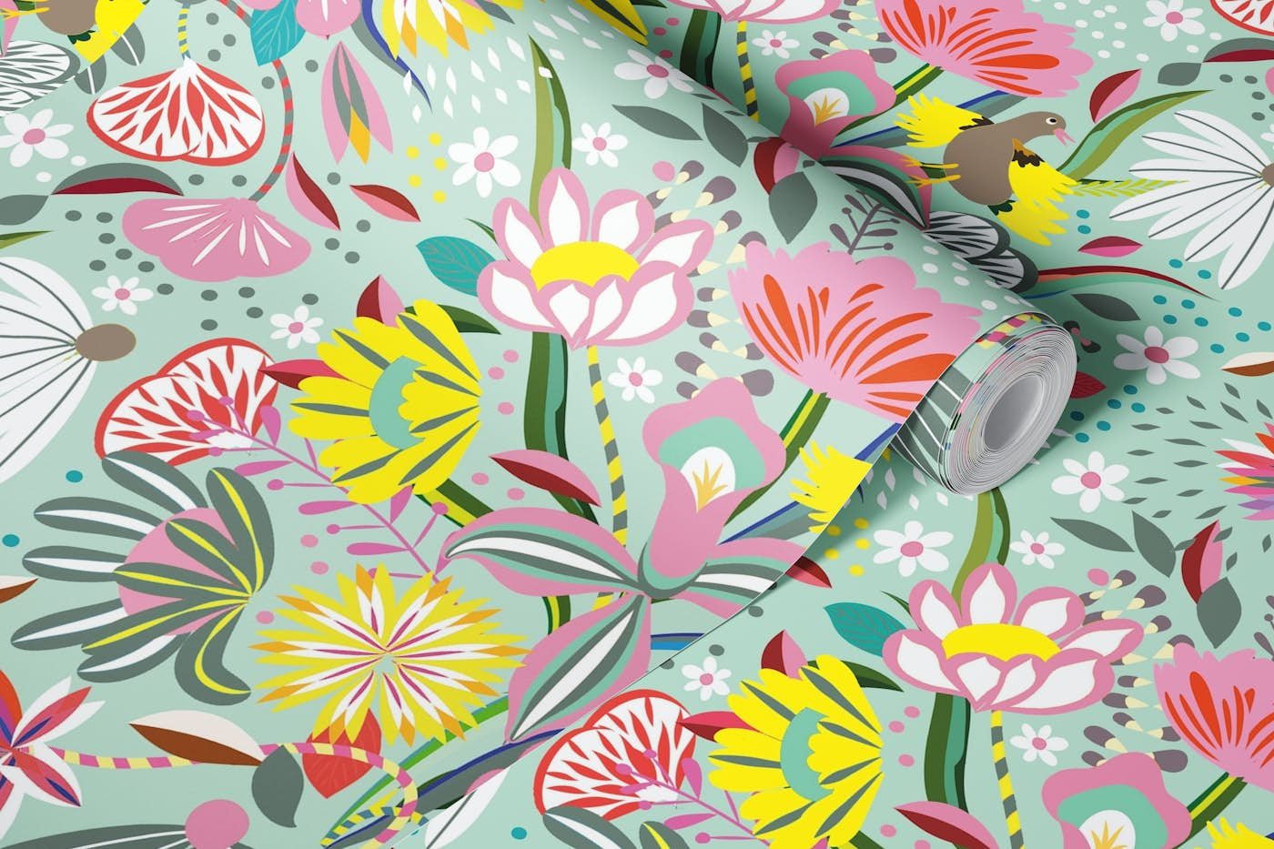 pastel folk art florals mint wallpaper roll