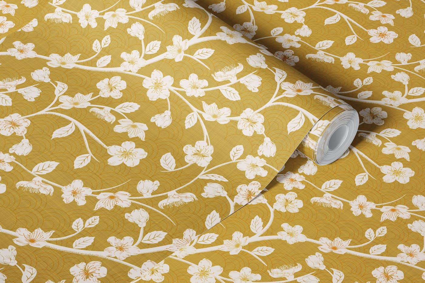 Cherry blossoms mustard wallpaper roll