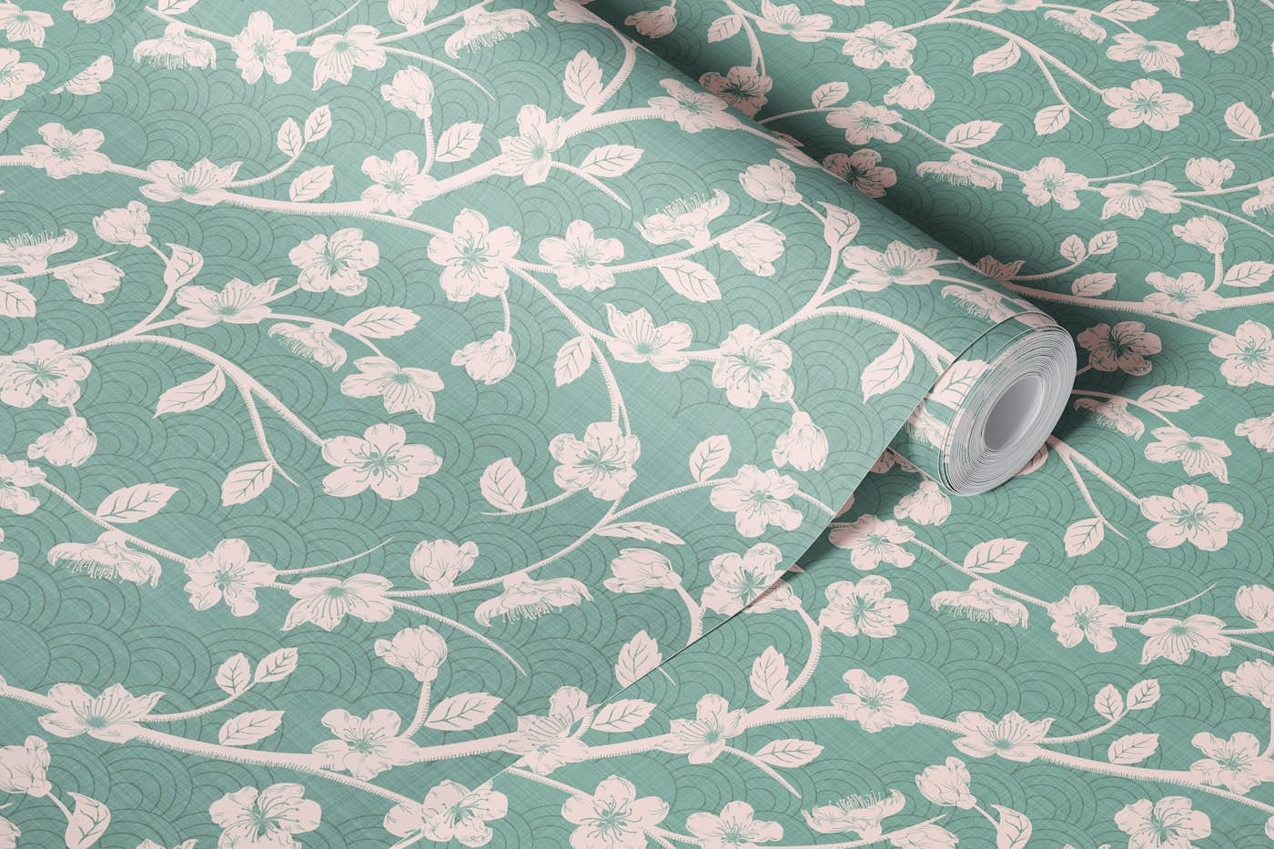 Cherry blossoms teal wallpaper roll