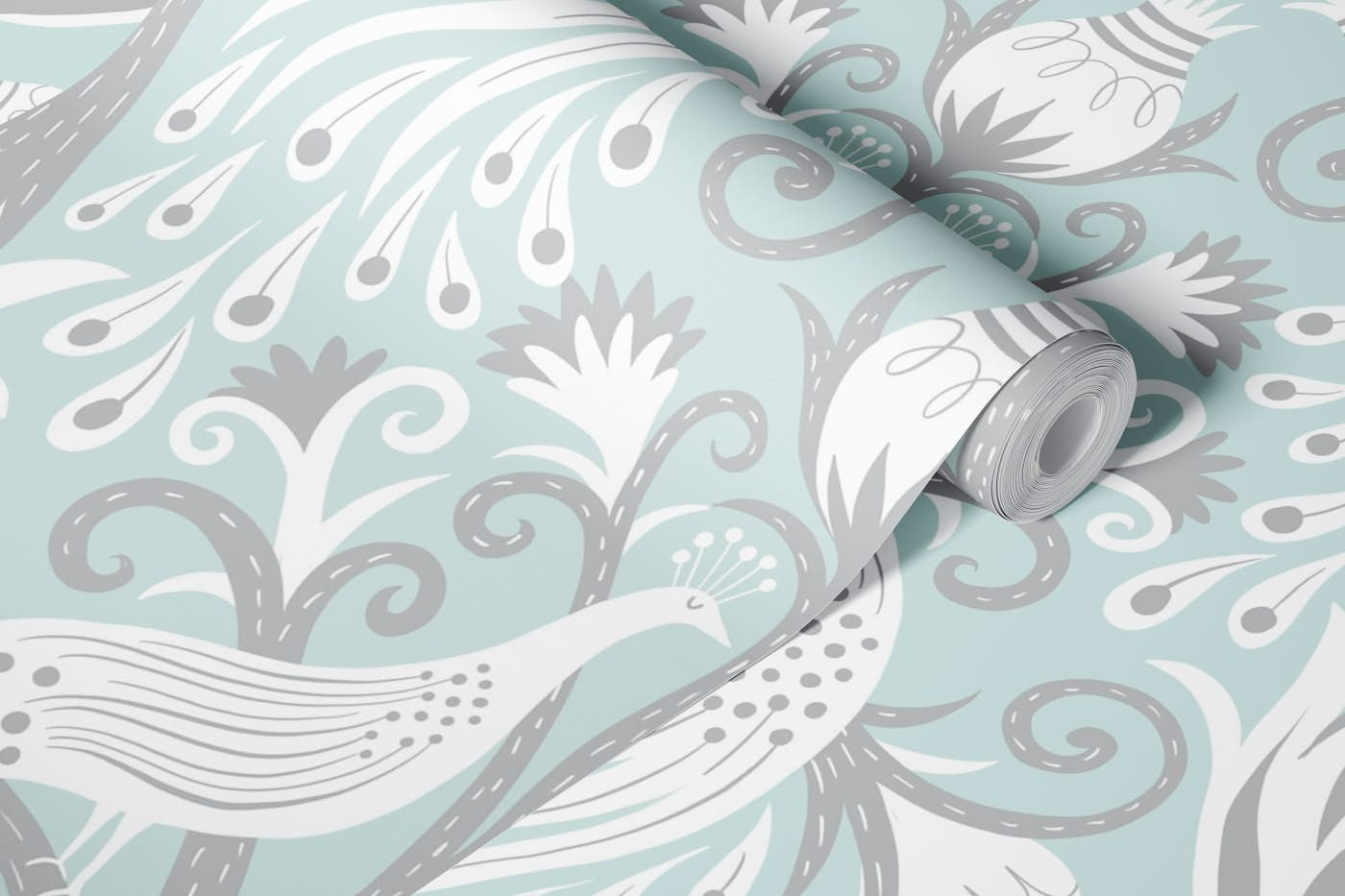 white peacock pair damask light blue wallpaper roll