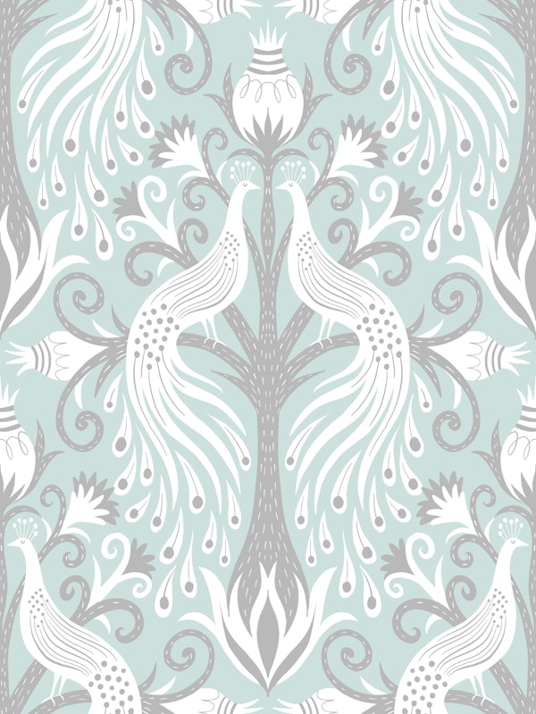white peacock pair damask light blue