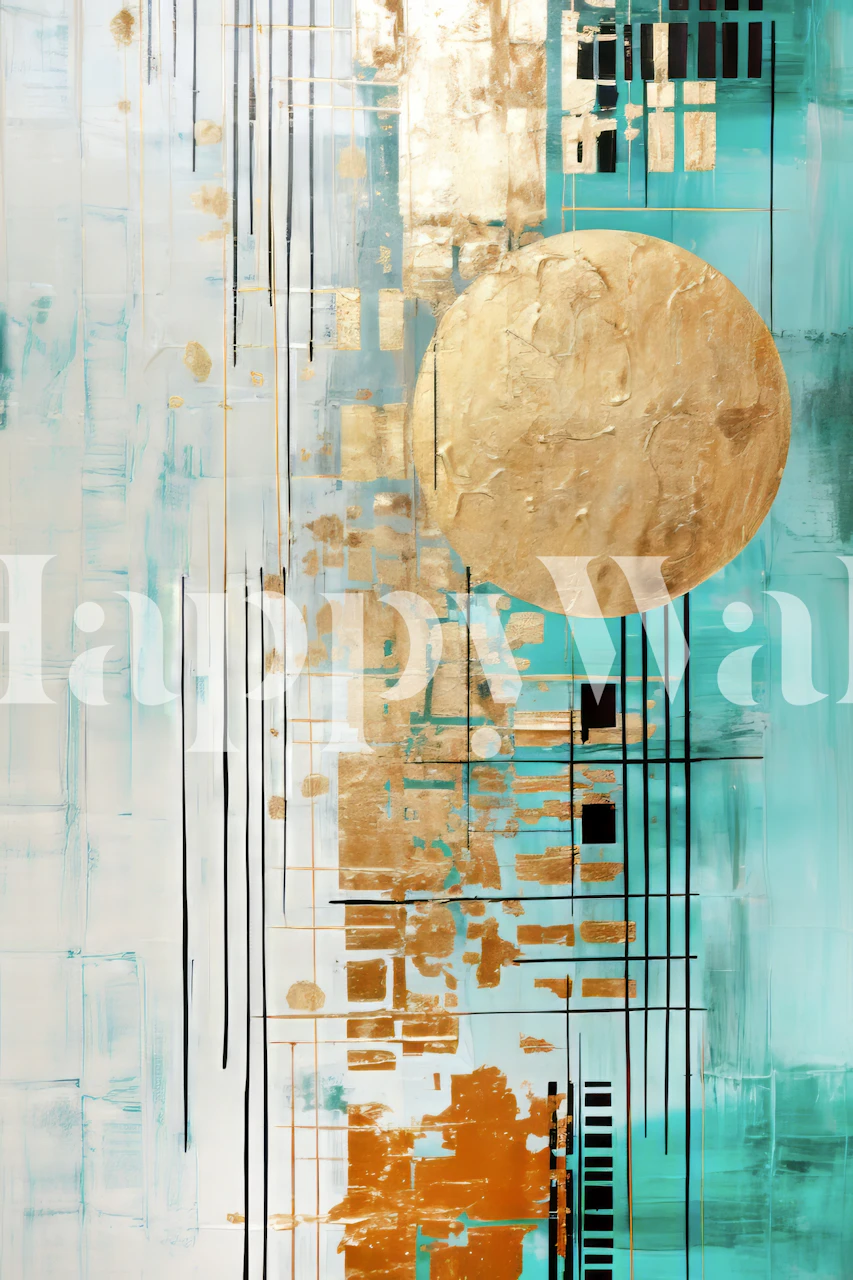 Abstrakti seinämaalaus kullan, sinisen ja valkoisen sävyin ja keskellä aurinkoa muistuttavalla kultaisella ympyrällä