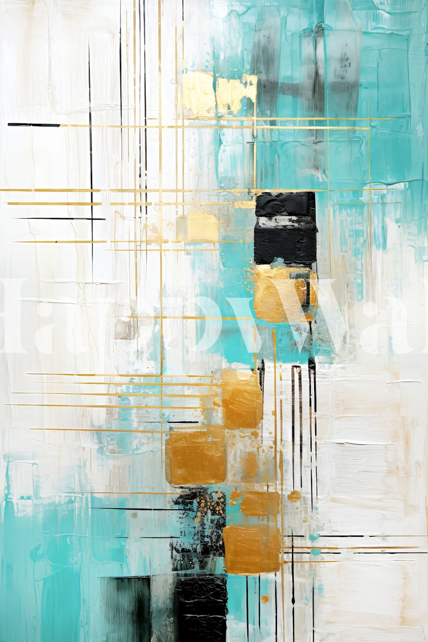 Abstract wallpaper featuring aqua, gold, black, and white geometric shapes