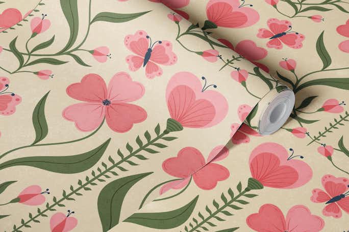 Vintage Pink Floral with Butterflieswallpaper roll
