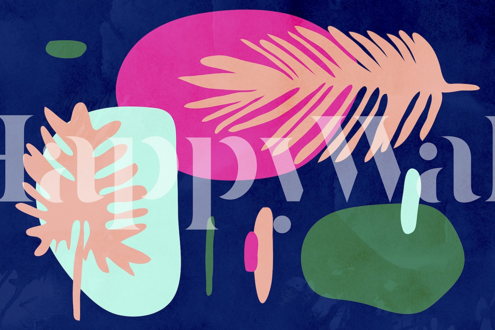 Tropical leaves in pink and green on a navy background wallpaper