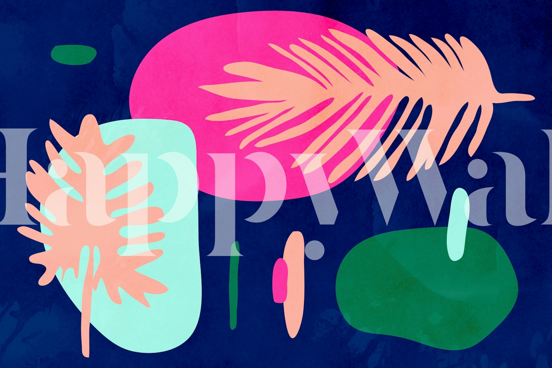 Tropical palm leaves in pastel pink, green, and blue on dark navy wallpaper