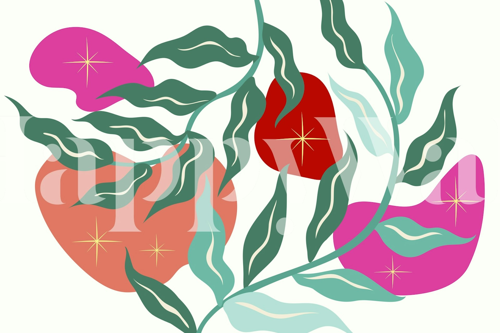 Colorful foliage with leaves and abstract shapes in vibrant tones wallpaper