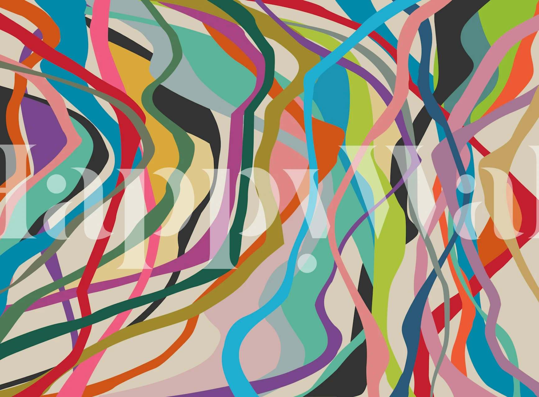Farverigt abstrakt vægmaleri med sammenflettede linjer og kurver