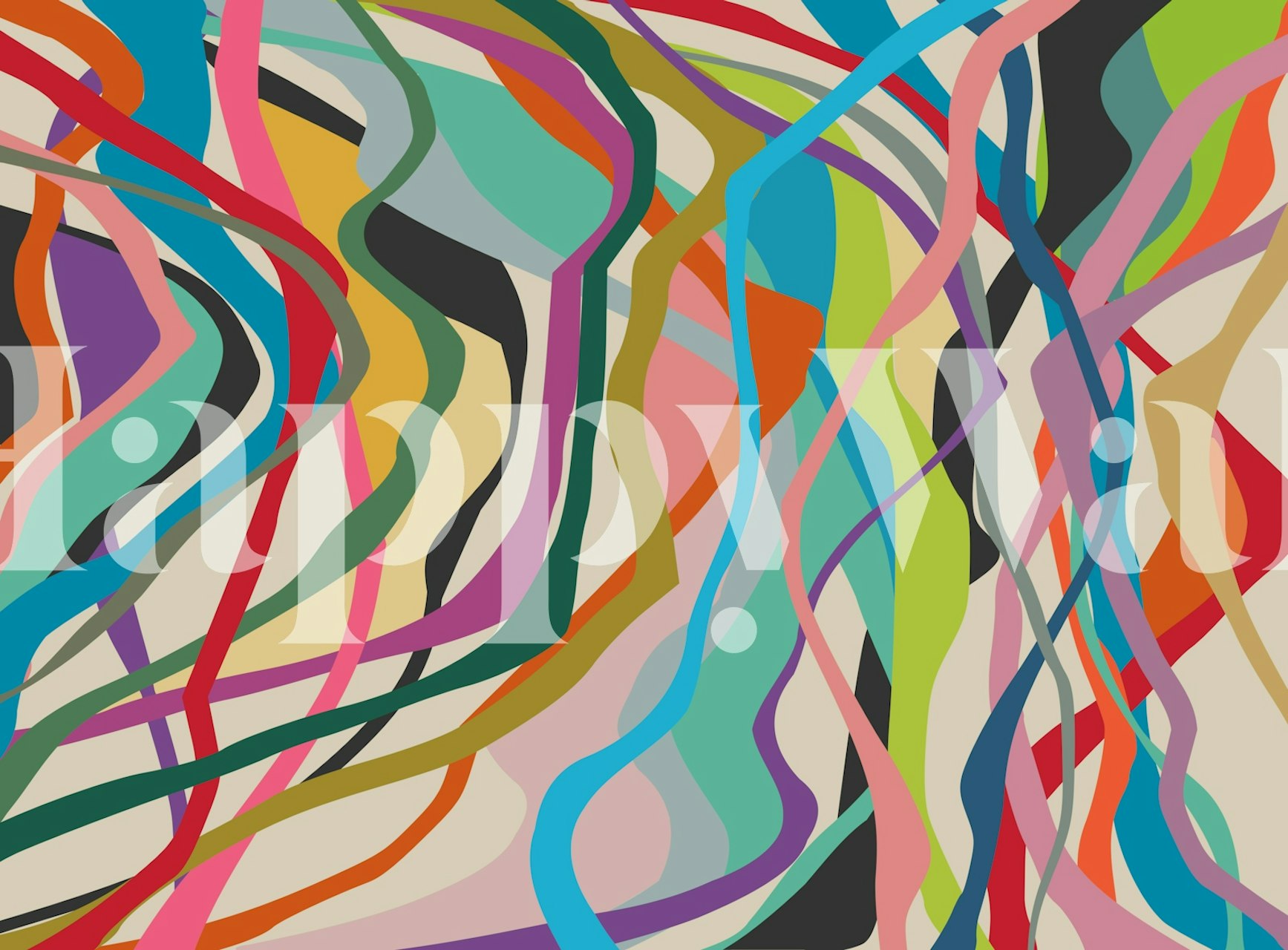 Colorful abstract wall mural with intertwining lines and curves