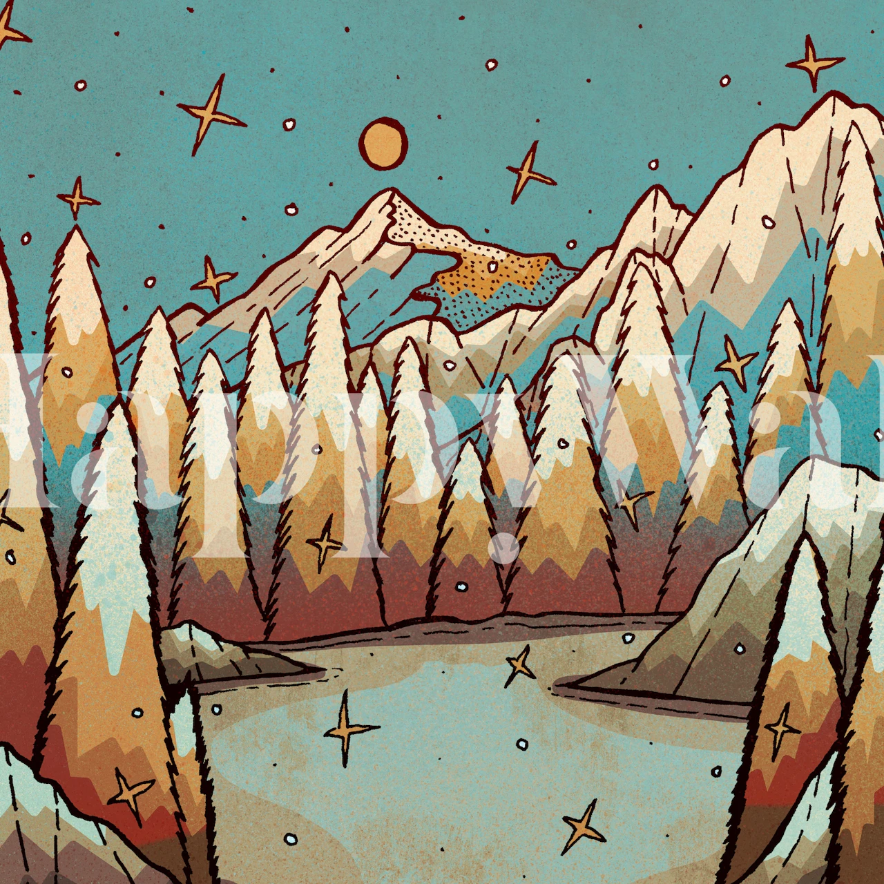 Stylized winter landscape wallpaper with gold trees and blue mountains