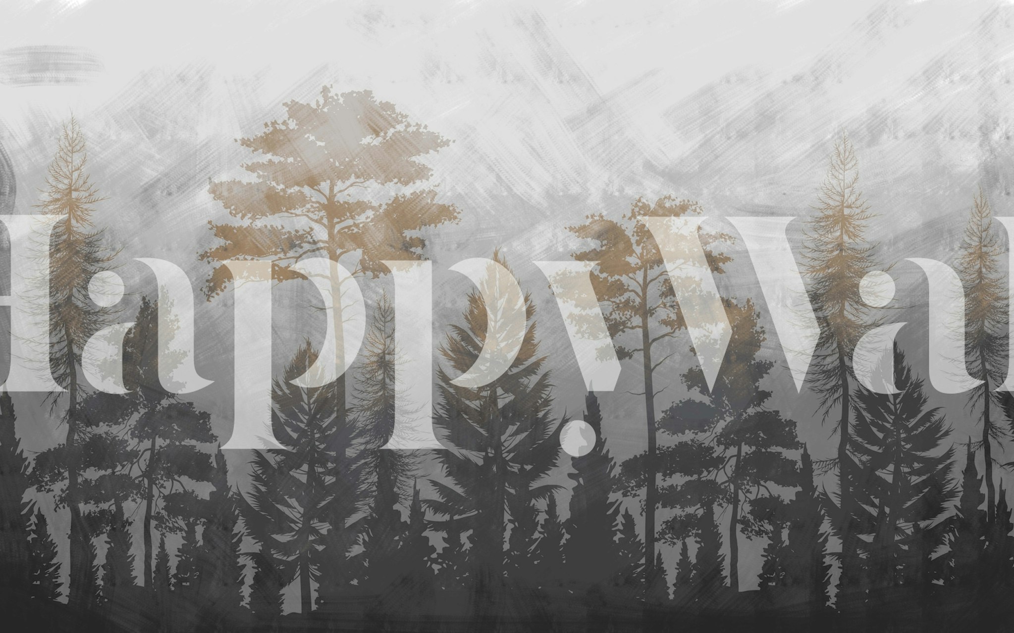 Misty forest landscape with gray background and golden trees wallpaper