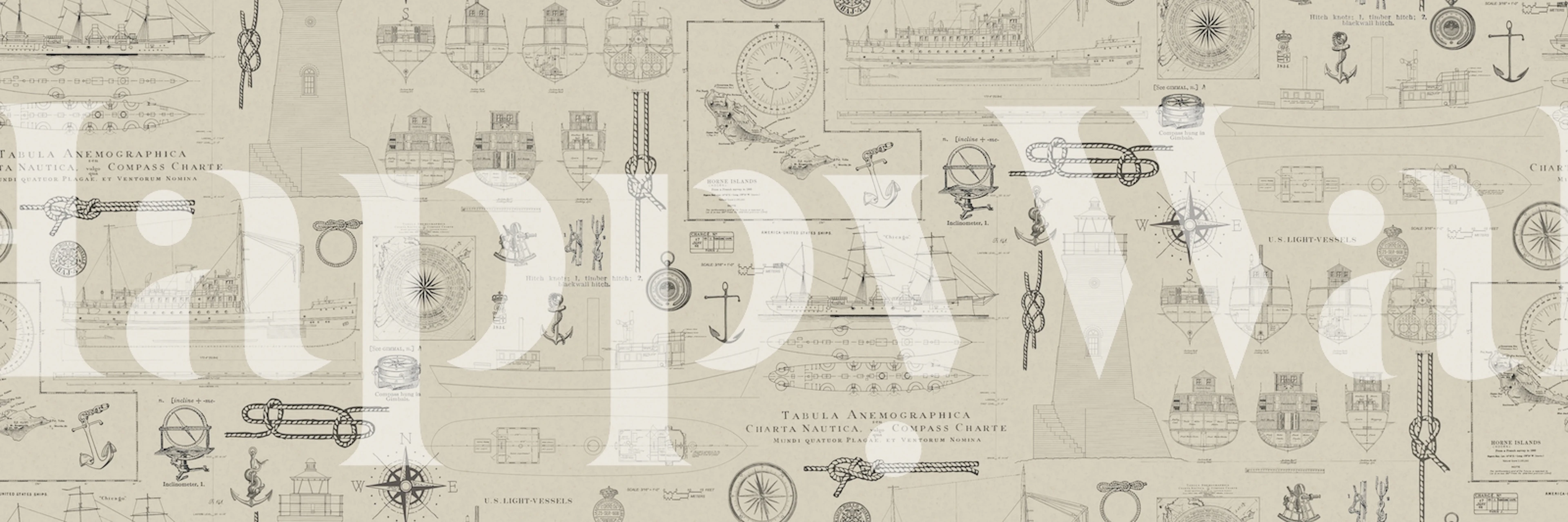 Vintage nautical theme wallpaper featuring ships, compasses, and marine illustrations in beige and black.