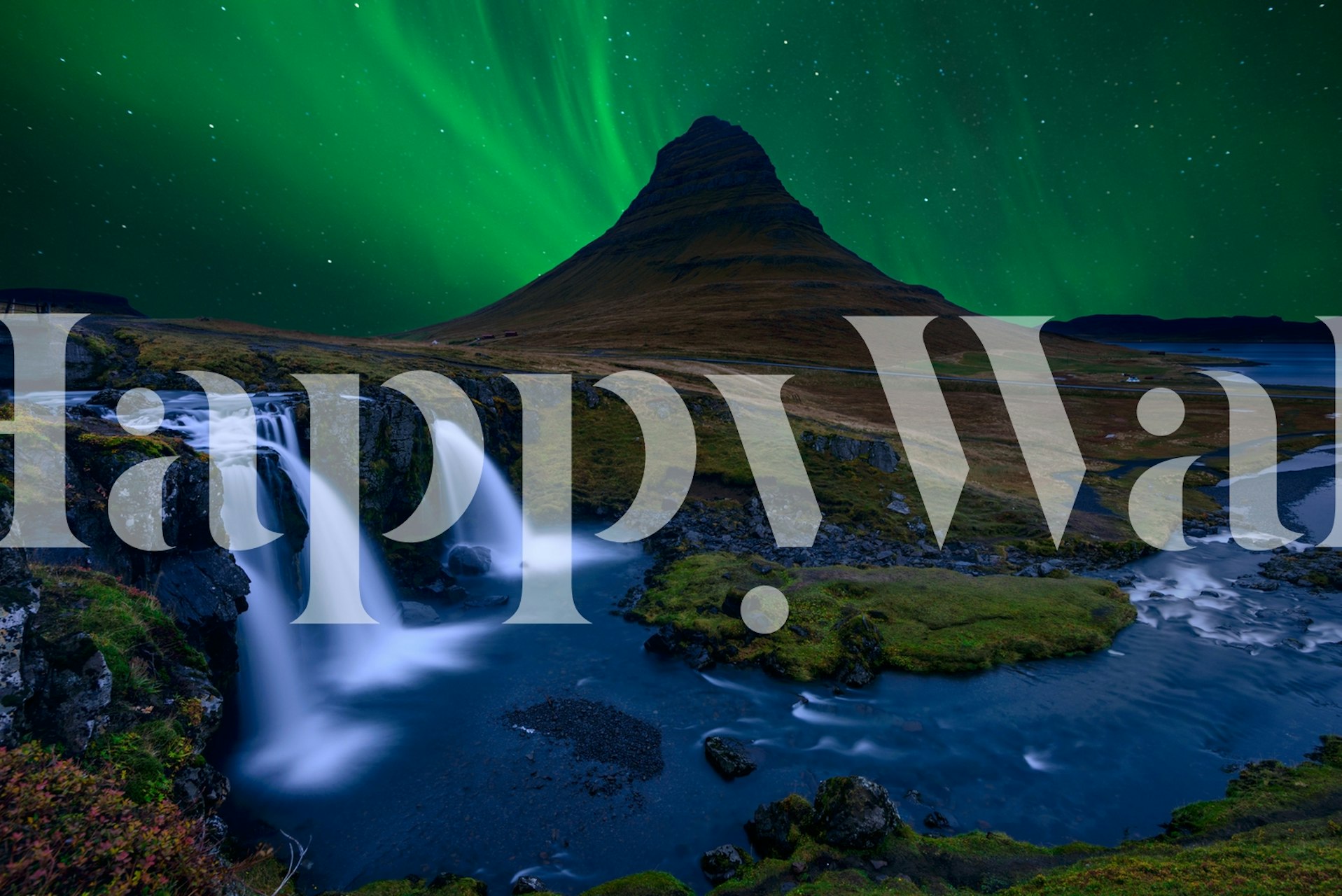 Nordic landscape featuring a waterfall and green aurora sky wallpaper