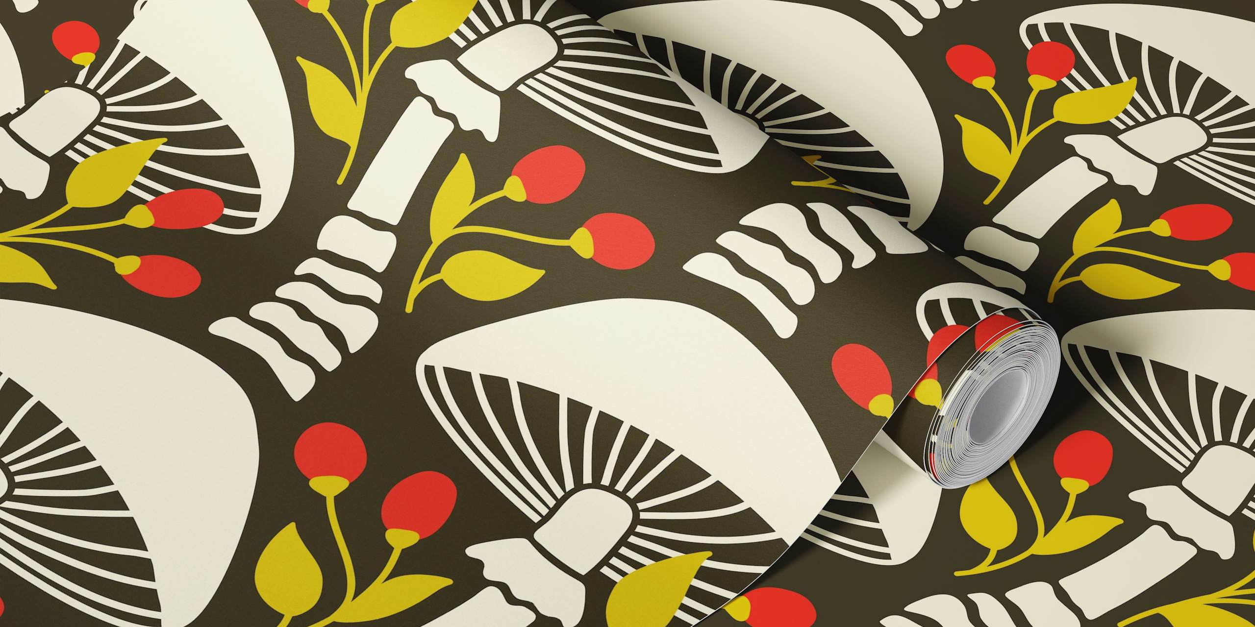 Funghi bianchi stilizzati e bacche rosse su una parete di fondo marrone