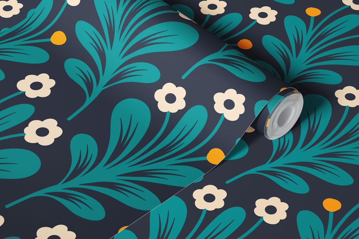 Hand - drawn flowers, teal (2668 A) wallpaper roll