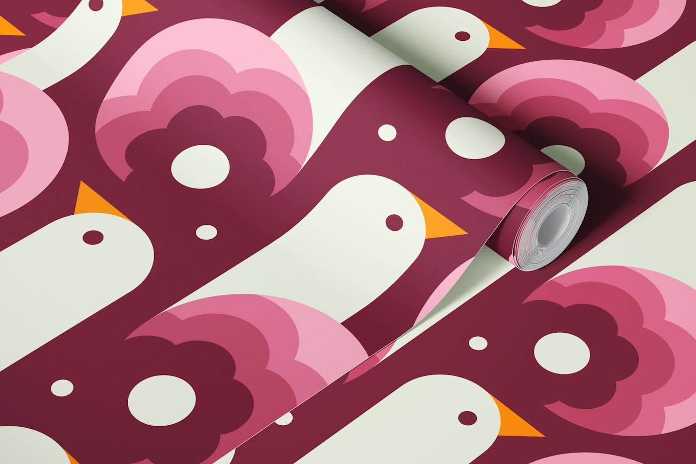 Playful birds, pink (2758 C) wallpaper roll