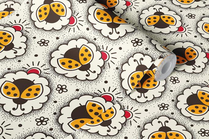 Playful ladybugs, yellow (2761 B)wallpaper roll