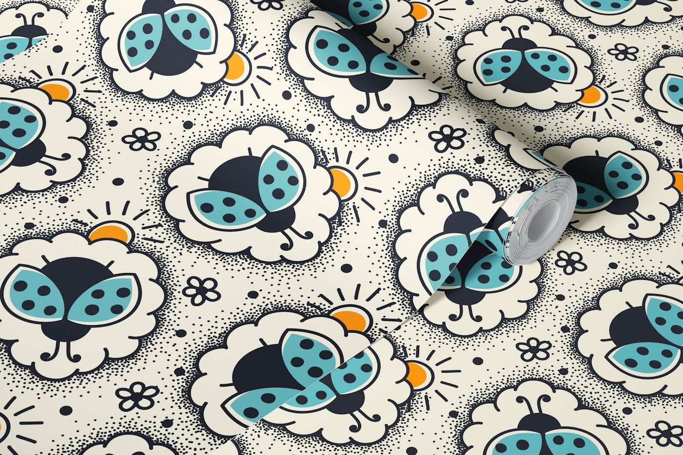 Playful ladybugs, blue (2761 C) wallpaper roll