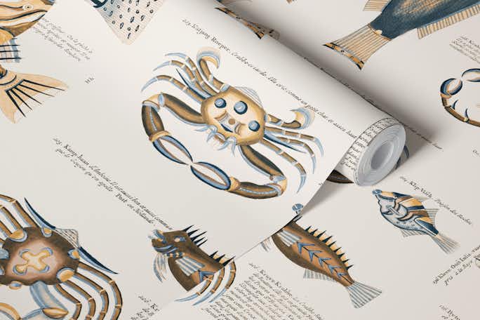 Fish And Sea Life Illustration Blue Brownwallpaper roll