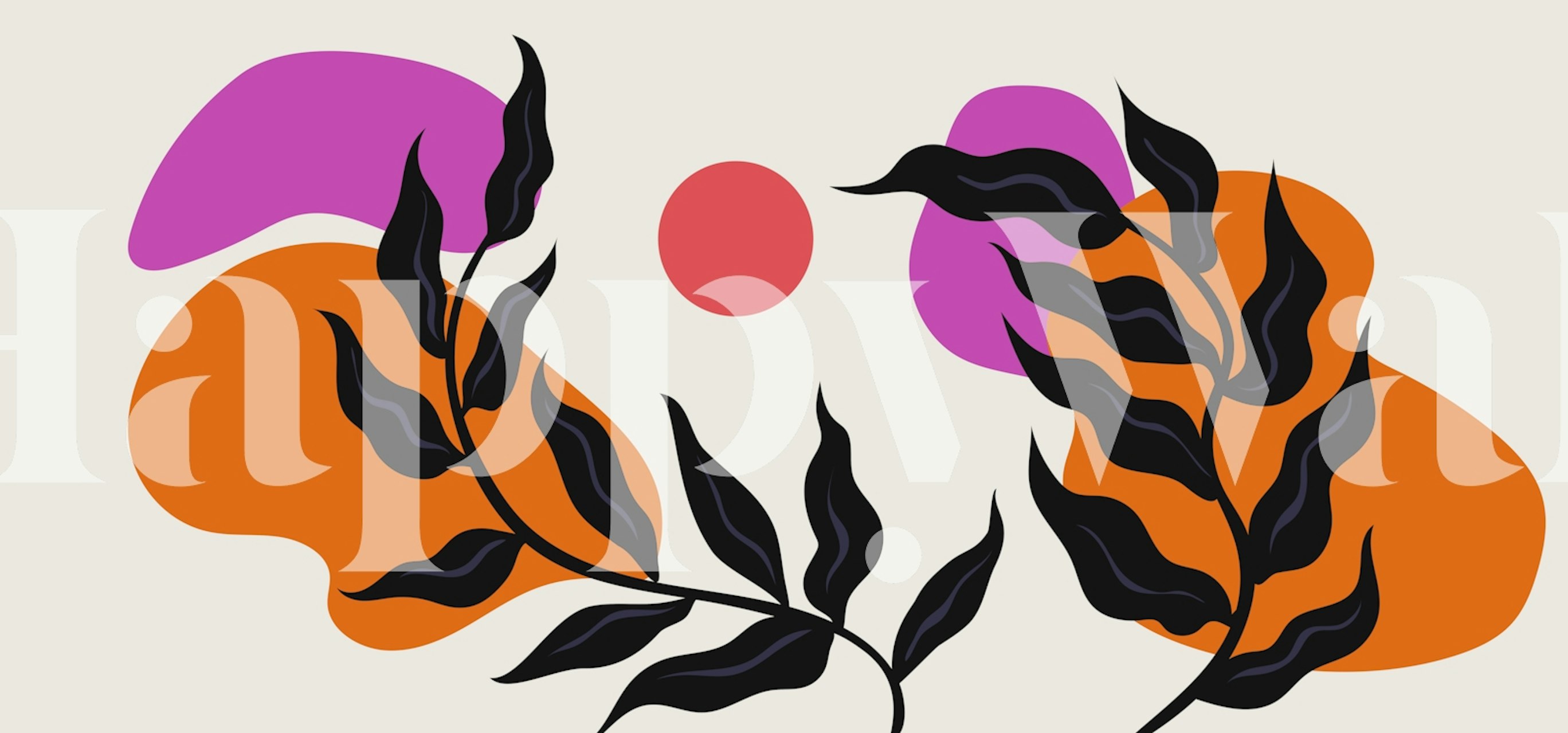 Black leaves with colorful organic shapes on beige wallpaper