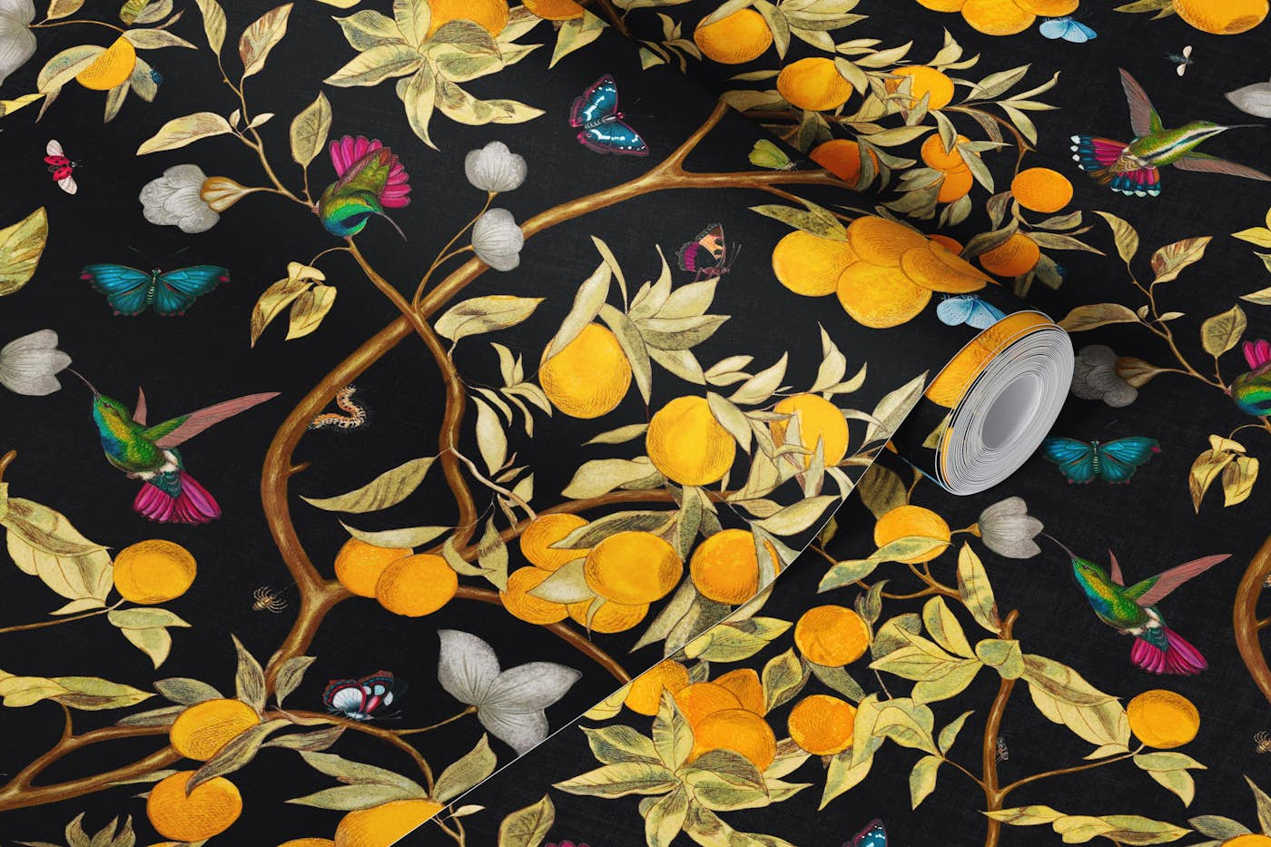 Hummingbirds, lemons and butterflies in black wallpaper roll