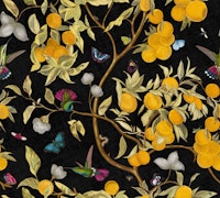 Hummingbirds, lemons and butterflies in black tapeta
