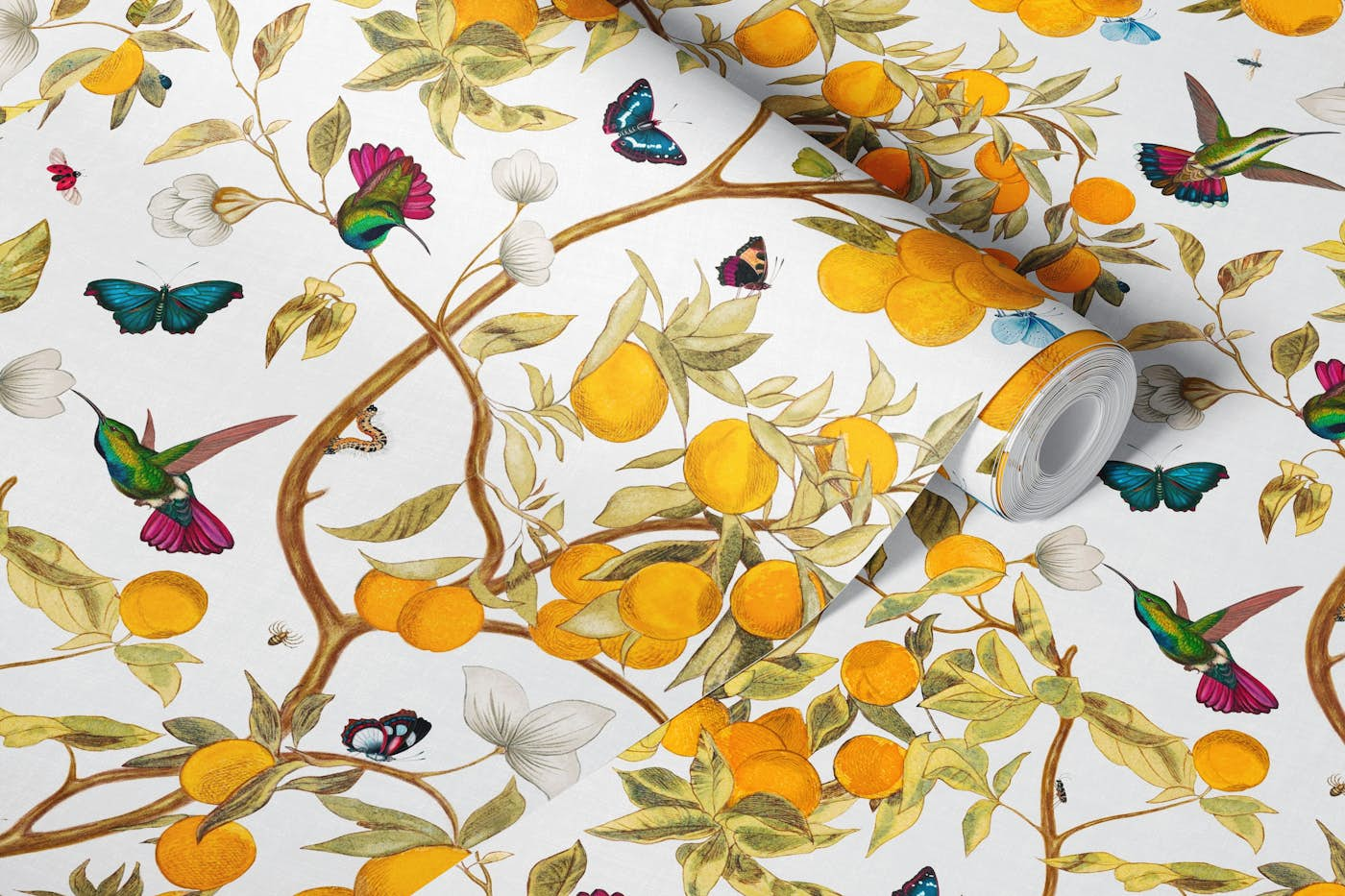 Hummingbirds, lemons and butterflies in white wallpaper roll