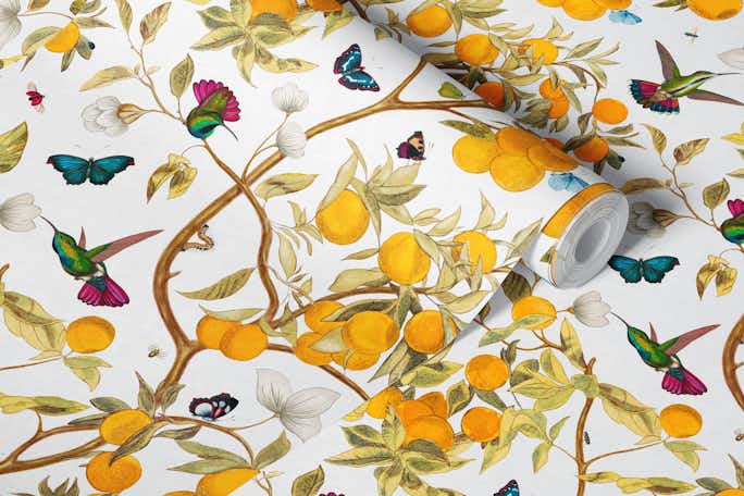 Hummingbirds, lemons and butterflies in whitewallpaper roll