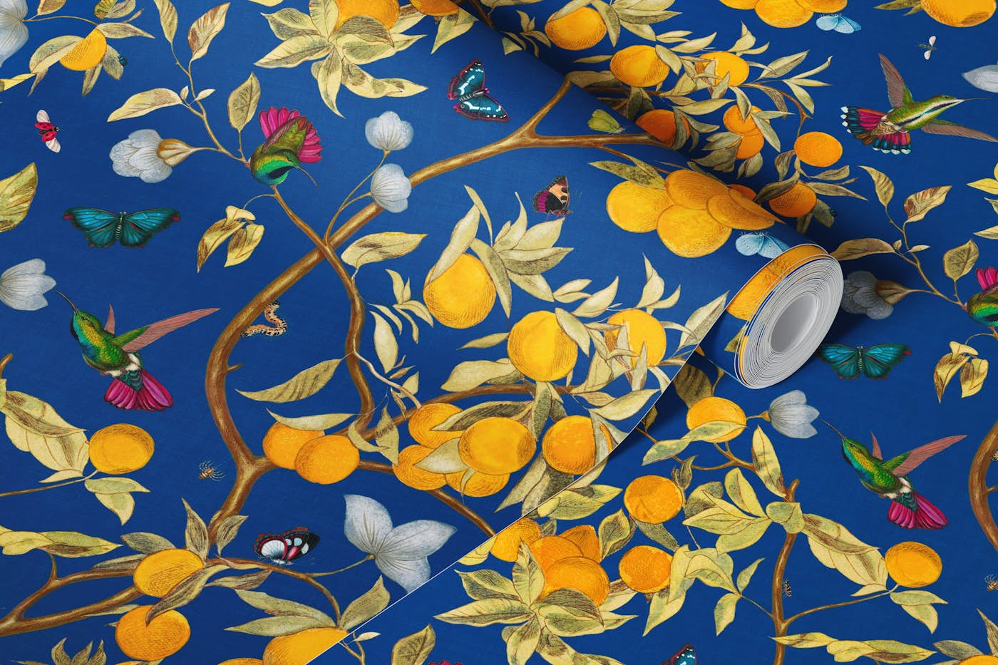 Hummingbirds, lemons and butterflies in blue wallpaper roll