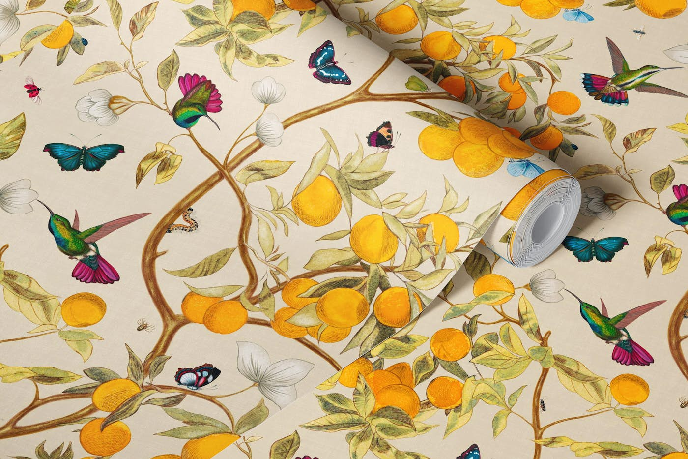 Hummingbirds, lemons and butterflies in ecru wallpaper roll