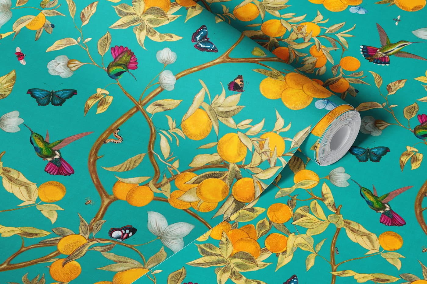 Hummingbirds, lemons and butterflies in aqua wallpaper roll