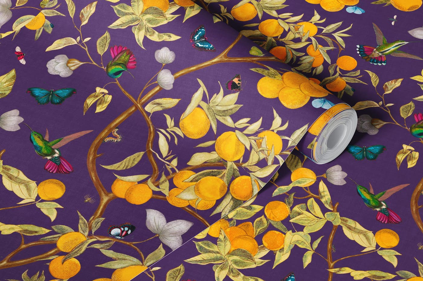 Hummingbirds, lemons and butterflies purple wallpaper roll