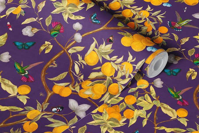 Hummingbirds, lemons and butterflies purplewallpaper roll