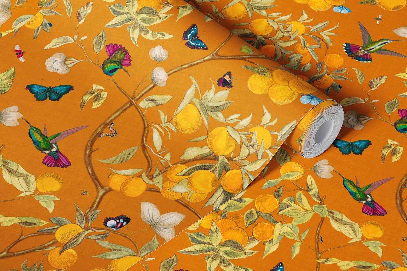 Hummingbirds, lemons and butterflies orange wallpaper roll