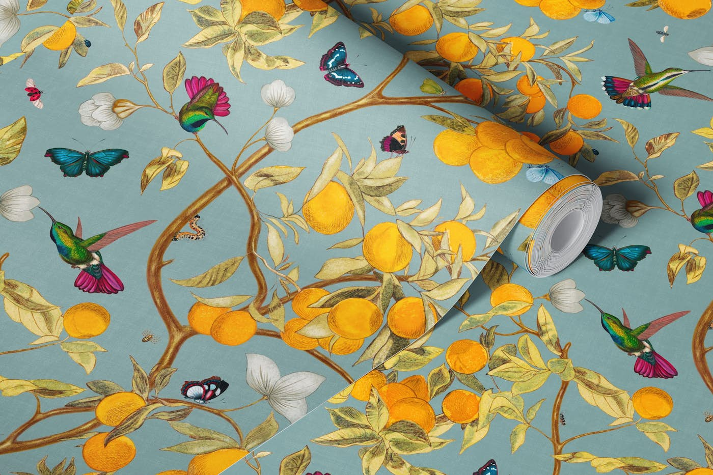 Hummingbirds, lemons and butterflies in sky wallpaper roll