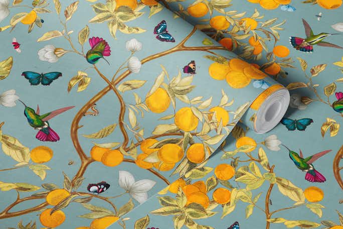 Hummingbirds, lemons and butterflies in skywallpaper roll
