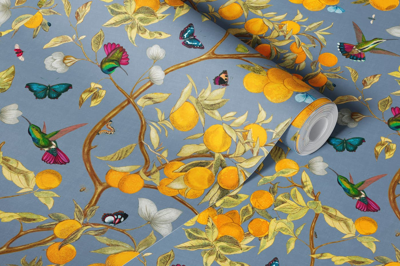 Hummingbirds, lemons and butterflies in slate wallpaper roll