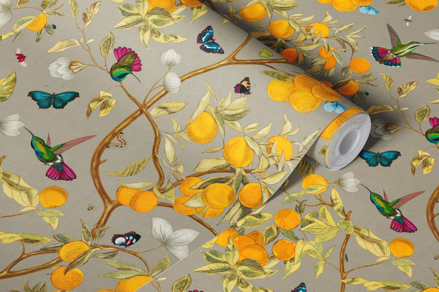 Hummingbirds, lemons and butterflies in taupe wallpaper roll